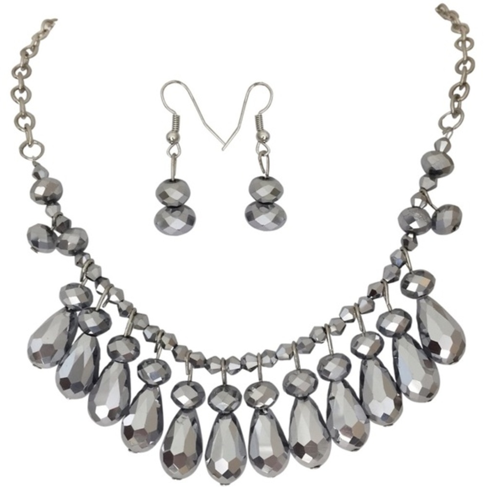 Hematite Grey Glass Drop Necklace Earrings Set